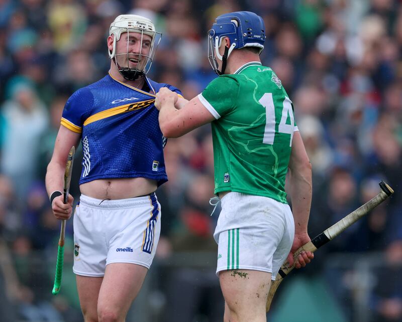 Tempers flare between Tipperary’s Eoghan Connolly and Shane O'Brien of Limerick in the Munster SHC. Photograph: James Crombie/Inpho