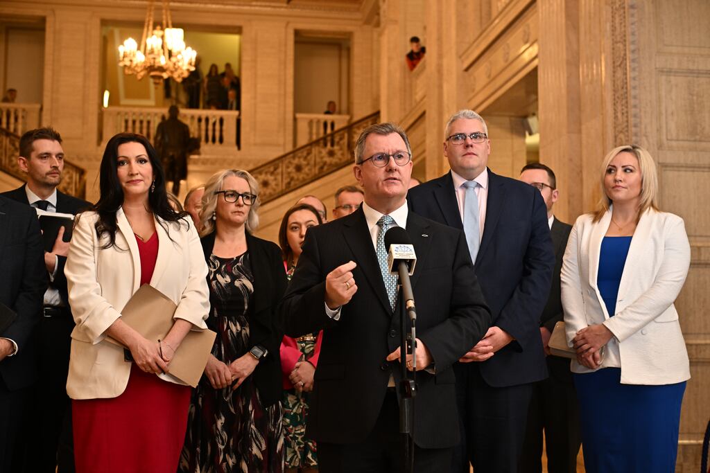 DUP leader Sir Jeffrey Donaldson addressing the media after his party offered to end its boycott of Stormont after agreeing a new deal with the government on post-Brexit trade rules. Photo: Charles McQuillan/Getty Images