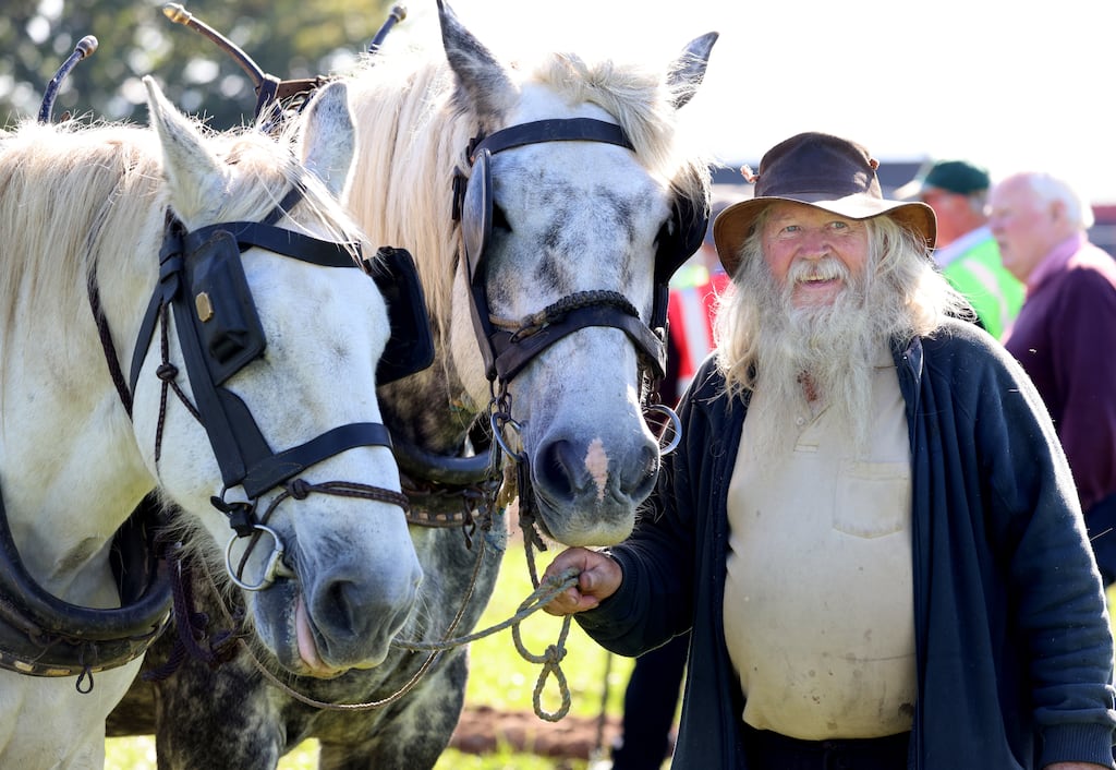 Jerry Dennihan, aka Jerry from Kerry, with his horses Larry and Elton John at the National Ploughing Championships on Wednesday.
Photograph: Dara Mac Dónaill/The Irish Times