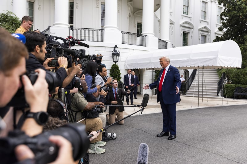 US president Donald Trump speaks to reporters before leaving the White House for the funeral of conservative activist Charlie Kirk. Photograph: Jim Lo Scalzo/European Pressphoto Agency