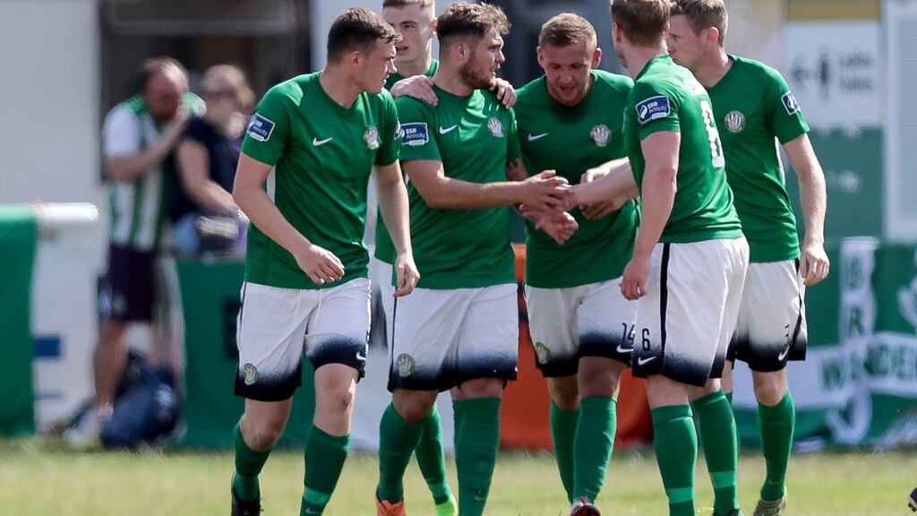 Bray players celebrate a goal during their Airtricity League win over Sligo Rovers at the Carlisle Grounds last weekend. Photo: Laszlo Geczo/Inpho
