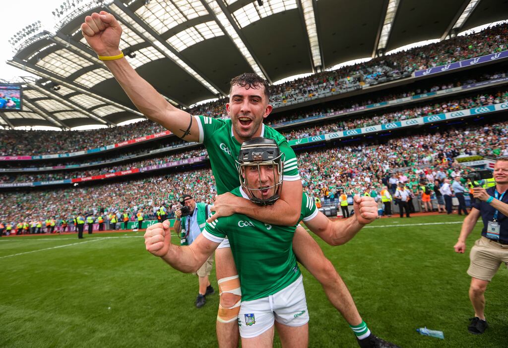 Limerick's Aaron Gillane and Diarmaid Byrnes celebrate after the All-Ireland final - both picked up their third All-Star award this year. Phtograph: Ryan Byrne/Inpho