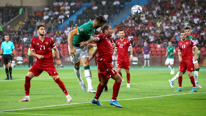 Ireland’s Shane Duffy attempts a header. Photograph: Ryan Byrne/Inpho