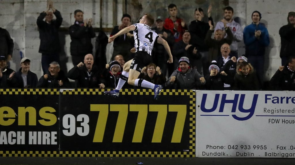 Dundalk’s Sean Hoare celebrates scoring the first goal of the game against Shamrock Rovers in the Premier Division clash at Oriel Park in September. Photograph: Ryan Byrne/Inpho