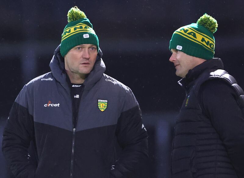 Colm McFadden and Neil McGee of the Donegal management team. Photograph: James Crombie/Inpho
