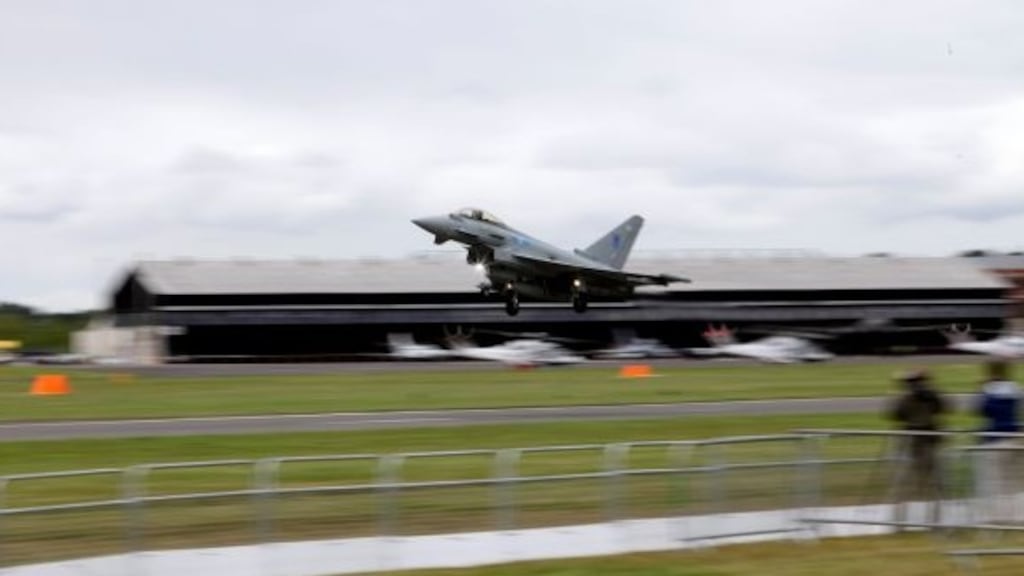 A BAE Systems Eurofighter Typhoon at the Farnborough air show. Photograph: Chris Ratcliffe/Bloomberg
