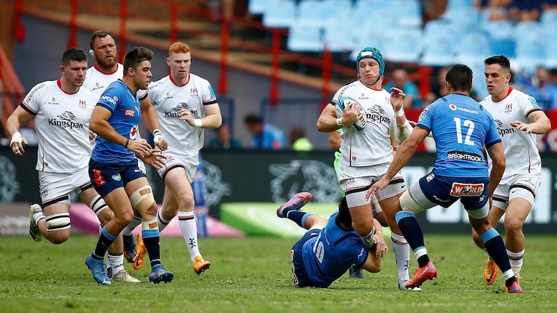 Ulster’s Luke Marshall is tackled during the United Rugby Championship match against Vodacom Bulls at Loftus Versfeld Stadium in Pretoria. Photograph: Steve Haag/Inpho