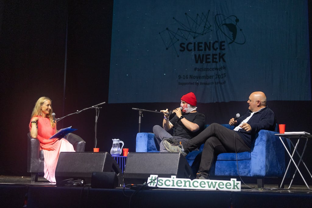 Dr Ruth Freeman, Research Ireland, Blindboy Boatclub and Daire Ó Briain discuss Science Week 2025 at Electric Picnic. Photograph: Julien Behal