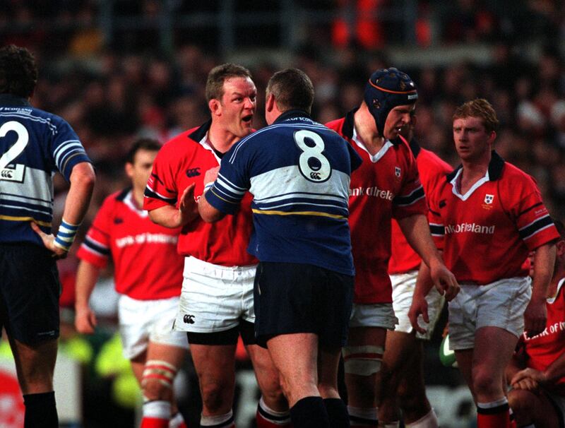 Mick Galwey of Munster squares up to Victor Costello of Leinster during the Celtic League game at Lansdowne Road in December 2001. Photograph: Morgan Treacy/Inpho