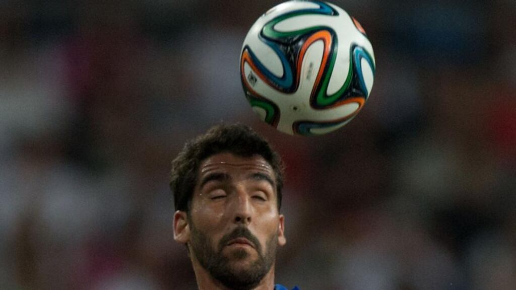 Raul Garcia of Atletico  Madrid scored a late header to earn his side a 1-1 draw against Real Madrid. Photograph:  Gonzalo Arroyo Moreno/Getty Images