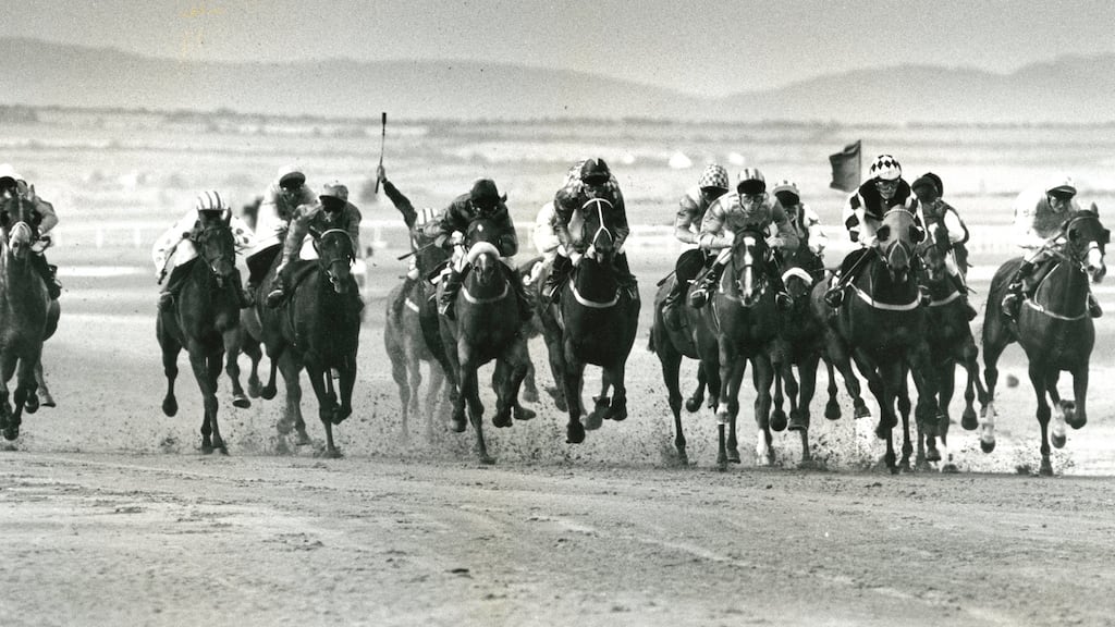 Horses and their riders at full stretch on the beach in the Neptune Race at the Laytown Races, Co Meath . Photograph: Eric Luke