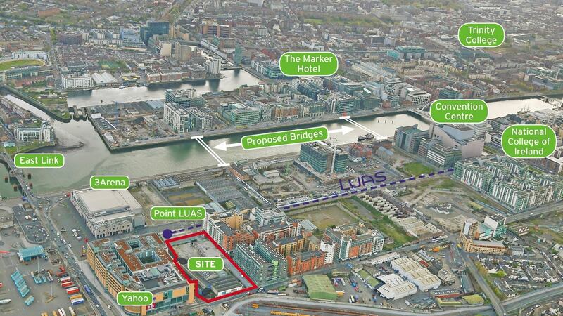 There is a guide price of €18 million for the 2.38 acres (0.96 of a hectare) next to the Luas station and the Gibson Hotel.