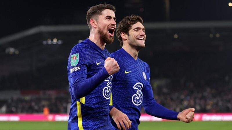 Jorginho of Chelsea celebrates with teammate Marcos Alonso after scoring their side’s second goal from the penalty spot. Photograph: Alex Pantling/Getty Images