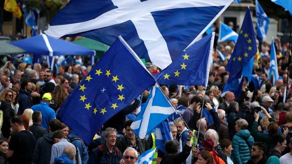 Thousands of people take part in the ‘All Under One Banner’ march for Scottish independence through Glasgow city centre on July 30th, 2016.  Photograph: Jane Barlow/PA
