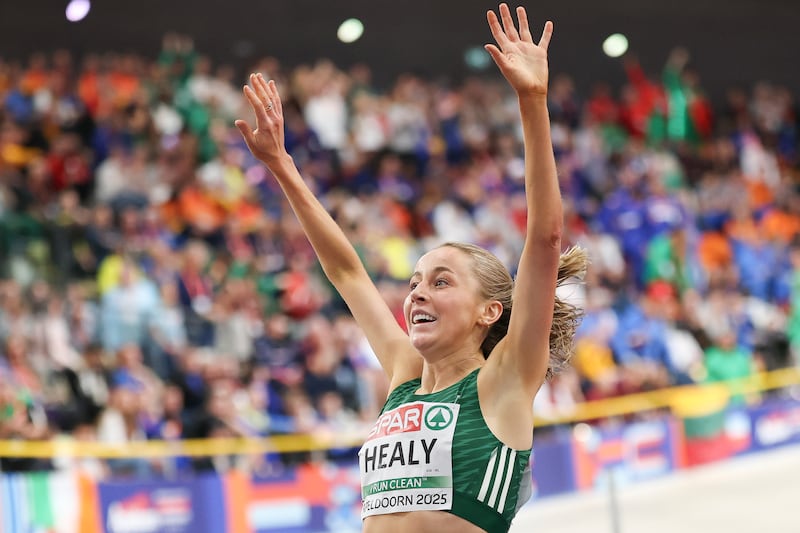 Sarah Healy wins gold in the Women's 3,000m Final at Apeldoorn, Netherlands on March 9th. Photograph: Maja Hitij/Getty Images