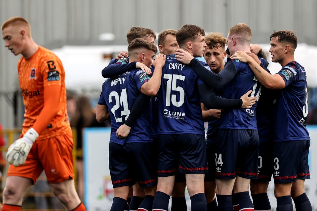 Conor Carty celebrates after scoring against Dundalk at Oriel Park on Monday night. Photograph: Ben Brady/Inpho