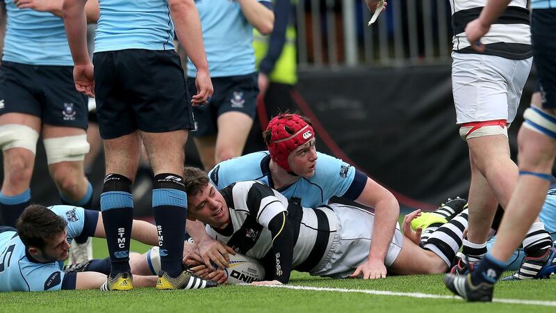 Scrumhalf Paraic Cagney scores Belvedere’s second try during their win over St Michael’s in the Leinster Schools Senior Cup semi-final at Donnybrook. Photograph: Ryan Byrne/Inpho.