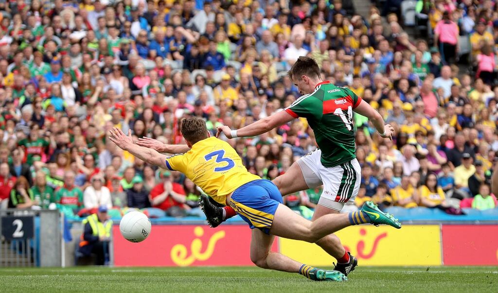 Mayo’s Cillian O’Connor scores their fourth goal of the game. Photograph: INPHO/Ryan Byrne