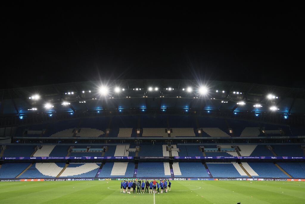 Club Brugge players at a training session at the Etihad Stadium in advance of the game against Mancherster City. Photograph: Bruno Fahy/Belga Mag/AFP via Getty Images