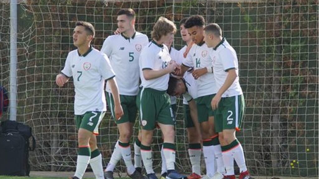 The Republic of Ireland u-18s celebrate a goal against Belgium in Spain.