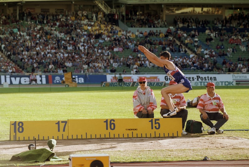 British triple-jumper Jonathan Edwards makes his third jump at the World Championships in Athletics in Gothenburg, Sweden, on August 7th, 1995. Edwards' previous jump set a new world record at 18.29m. Photograph: Clive Brunskill/Getty Images