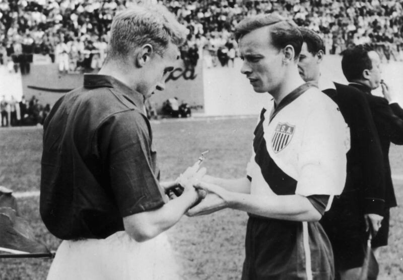 The captains of England and USA - Billy Wright and Ed McIlvenny - prior to kick-off. File photograph: Getty Images