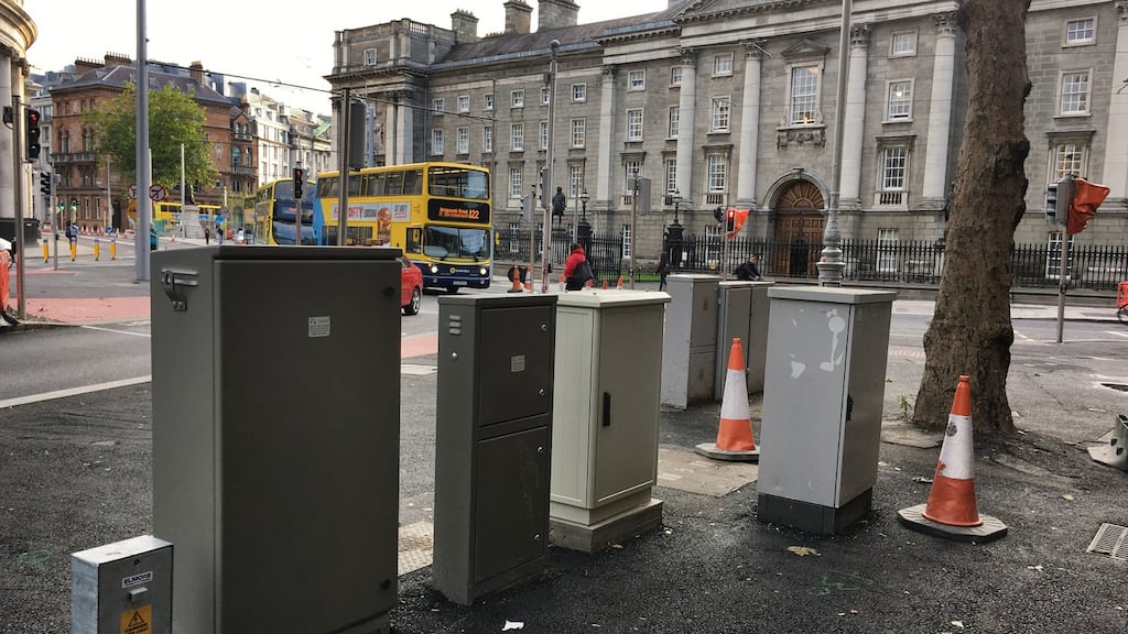 Luas-related signal and electronic boxes at College Green, Dublin. Photograph: Bryan O’Brien