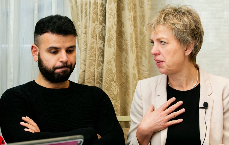 Ahmed Alagha, an Irish-Palestinian man who said more than 40 members of his extended family have been killed in Gaza, with Ivana Bacik TD during a press conference in Dublin. Photograph: Gareth Chaney/Collins Photos