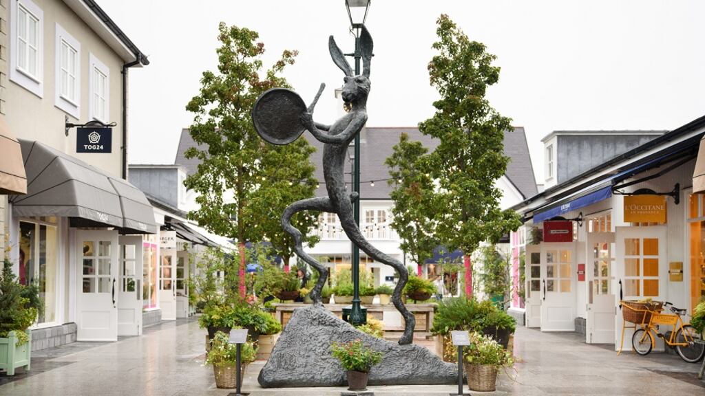 Barry Flanagan’s drumming hare statue has made the journey to Kildare Village as part of the collaboration.