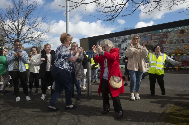 Residents of the Falls Road and Shankill Road form a line of solidarity between the two communities to mark the 25th anniversary of the Belfast Agreement, April 2023. Photograph: Mark Marlow/EPA