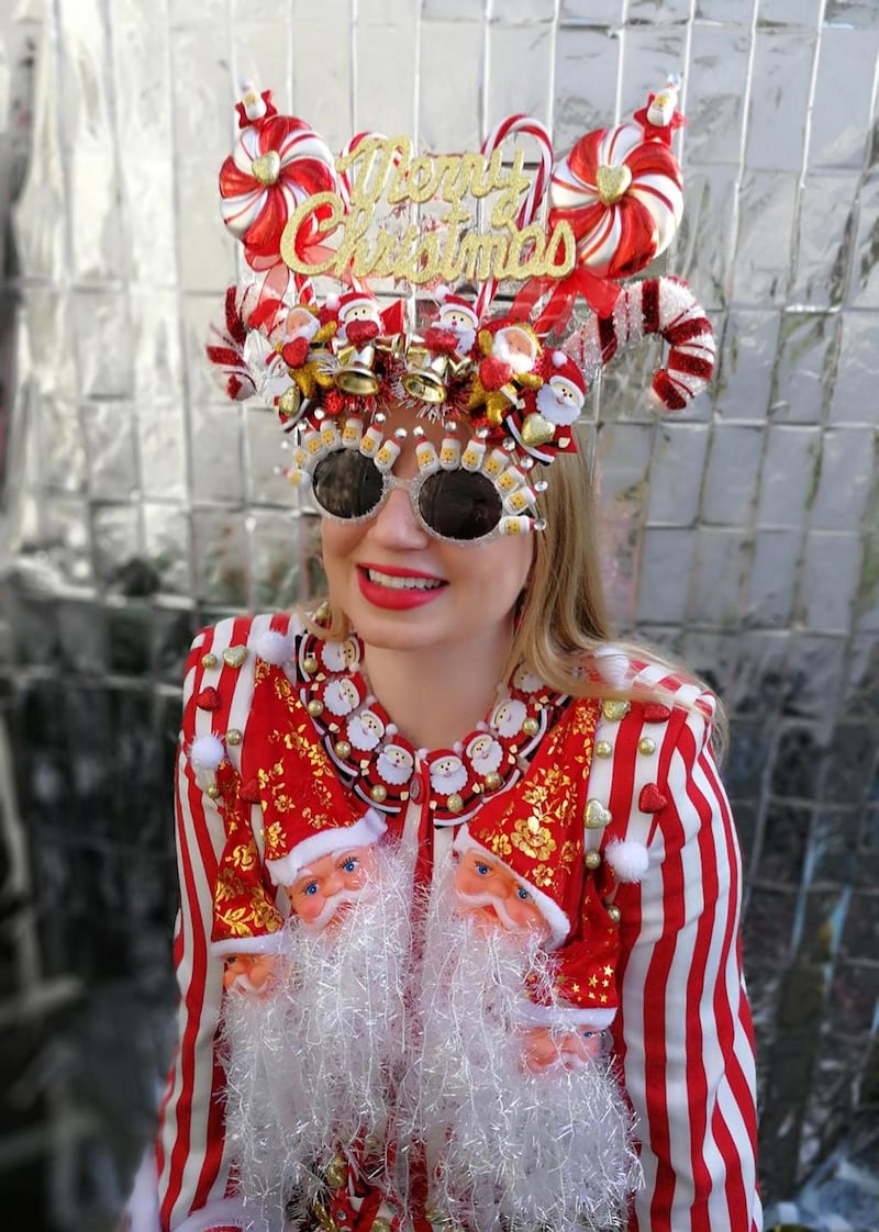 ‘The jacket was another great charity find which I then customised with Santa and candy cane decorations,’ Jen Nollaig says. Photograph: Edward Keegan