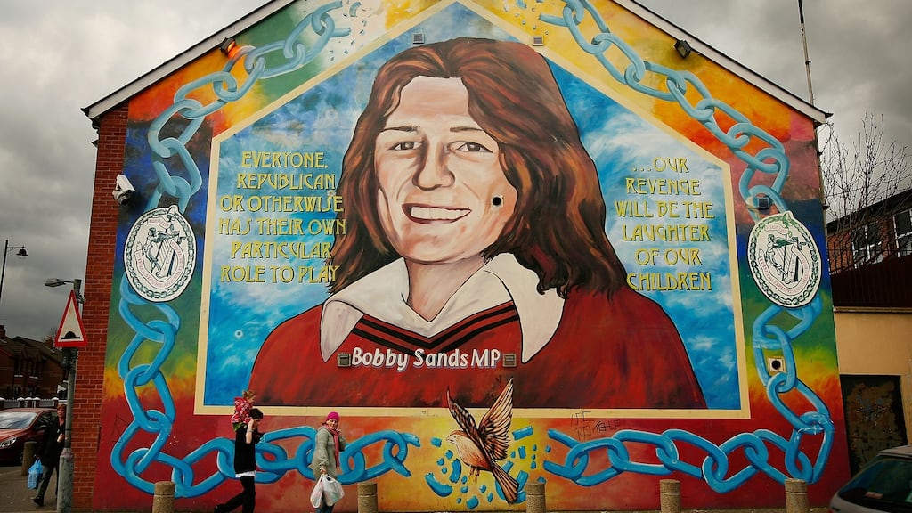 A mural depicting Bobby Sands in the Falls Road in Belfast. He died in prison after a 66-day hunger strike which he beganb on March 1st, 1981. Photograph: Peter Macdiarmid/Getty Images