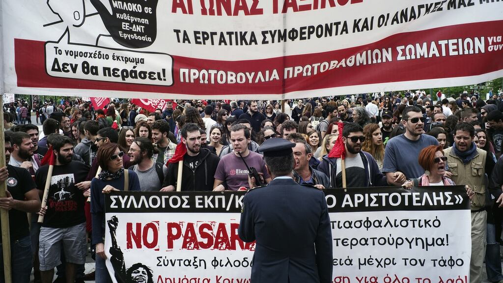 The 48-hour nationwide general strike on May 6th in Athens, Greece against pension reforms that are part of Greece’s third international bailout. Photograph: Milos Bicanski/Getty Images