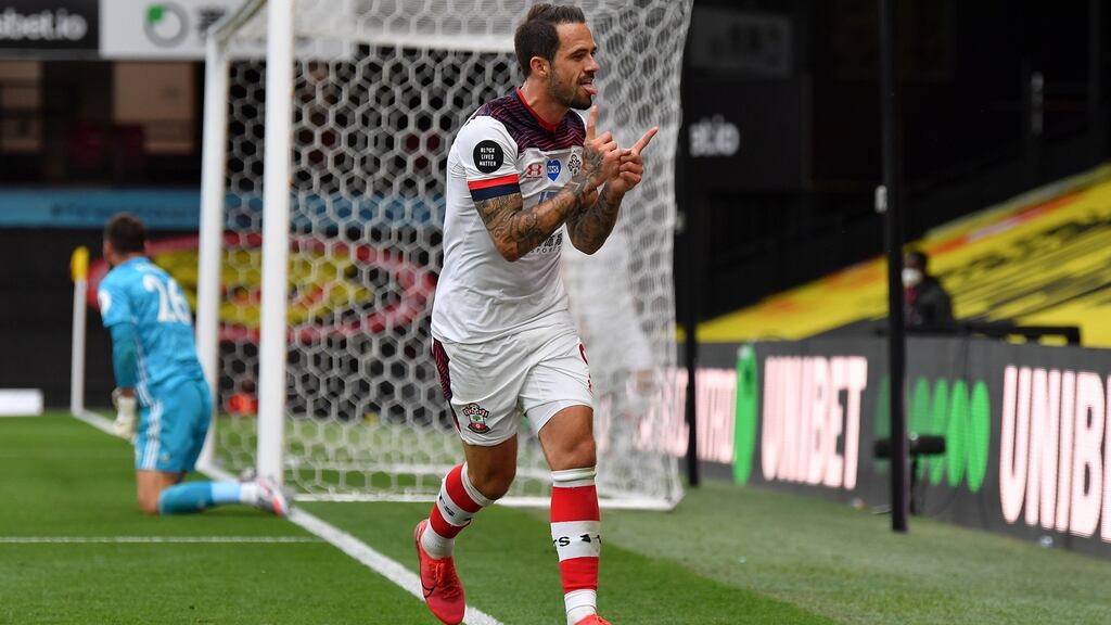 Southampton’s Danny Ings celebrates scoring their second goal during the Premier League win over Watford. Photo: Justin Setterfield/POOL/AFP