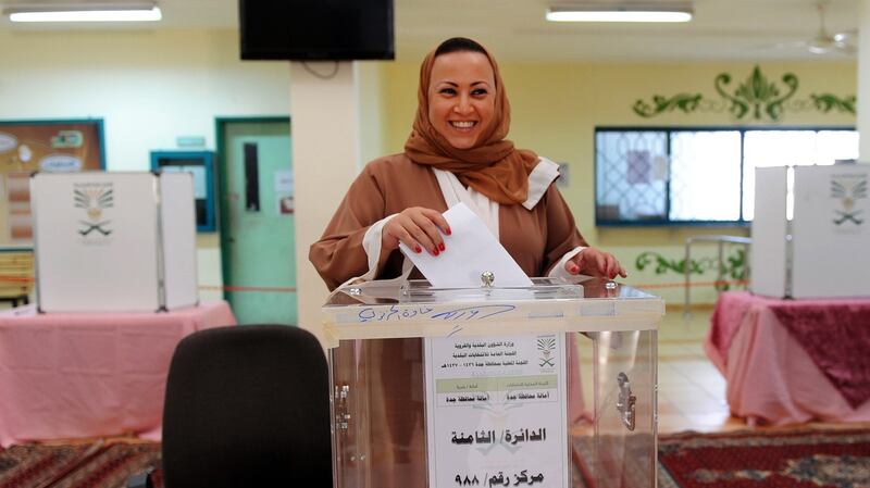 A Saudi woman casts her ballot in a polling station in Jeddah, in December 2015, the first time women were allowed to vote. Photograph: AFP/Getty Images