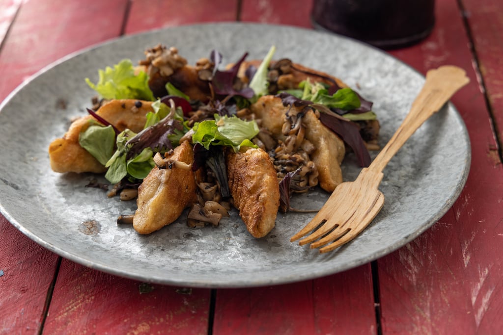 Mushroom pierogi with tarragon salsa. Photograph: Harry Weir