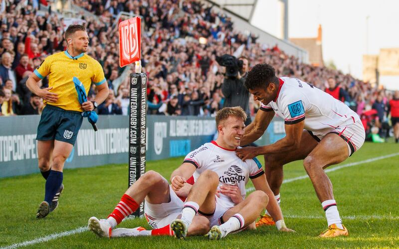 Ulster’s Stewart Moore celebrates his second try with Rob Baloucoune. Photograph: James Crombie/Inpho