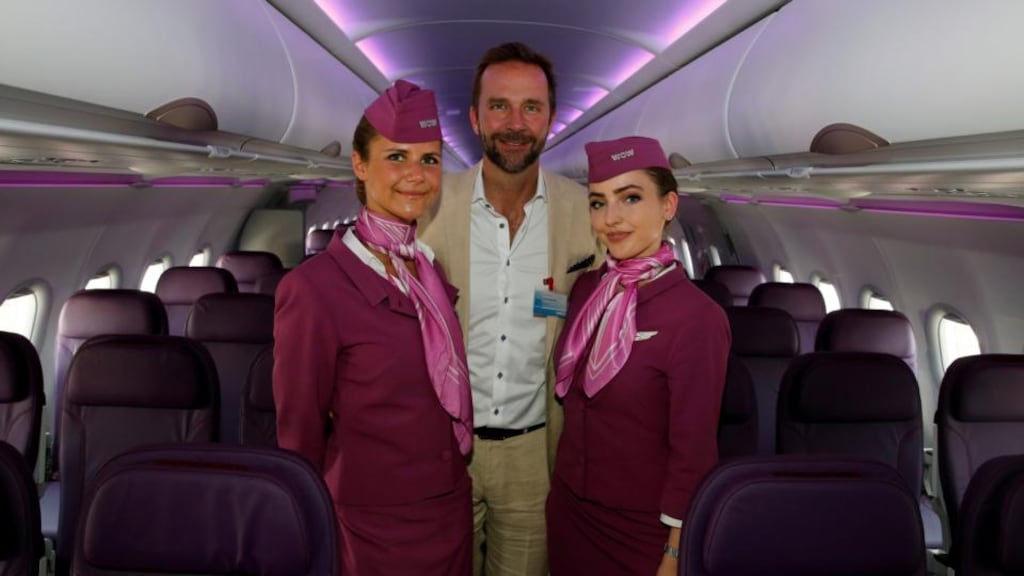 Skuli Mogensen, chief executive of WOW Air, with cabin crew members at the Paris Air Show in 2017.  Photograph: Pascal Rossignol/Reuters