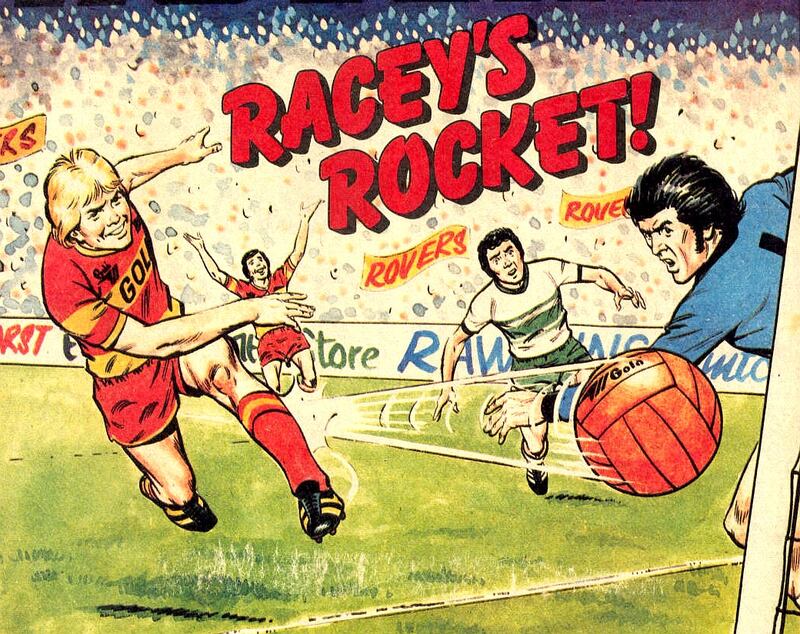 Blast from the past: Melchester Rovers' main marksman fires a trademark Racey's Rockett past another helpless goalkeeper