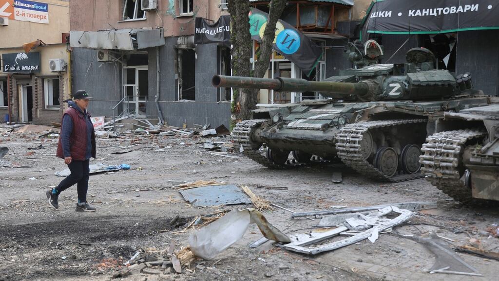 Tanks of the Donetsk People’s Republic militia in Mariupol, a city that has been devastated by heavy fighting. Photograph: AP