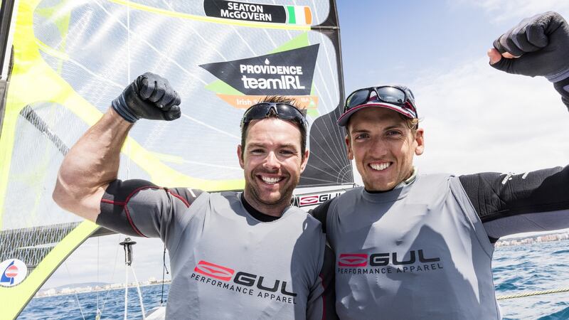 Ireland’s Matt McGovern and Ryan Seaton after winning gold at the Palma Olympic classes regatta in Mallorca. Photograph: David Branigan/Oceansport