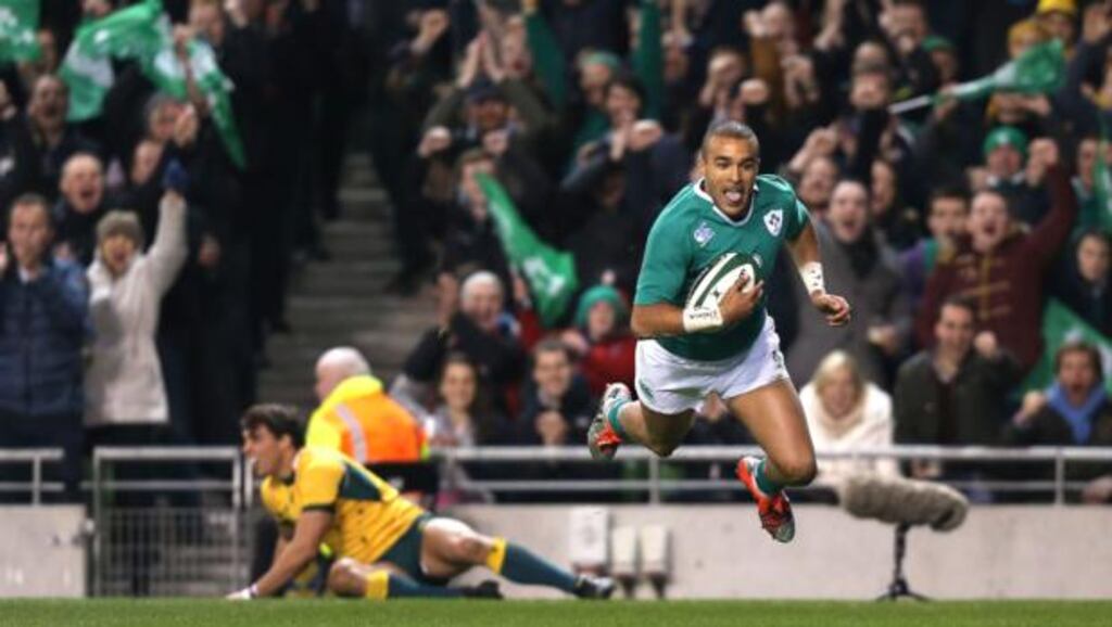 Ireland’s Simon Zebo goes over for a tryagainst Australia in Dublin in November. Photograph: Colm O’Neill / Inpho