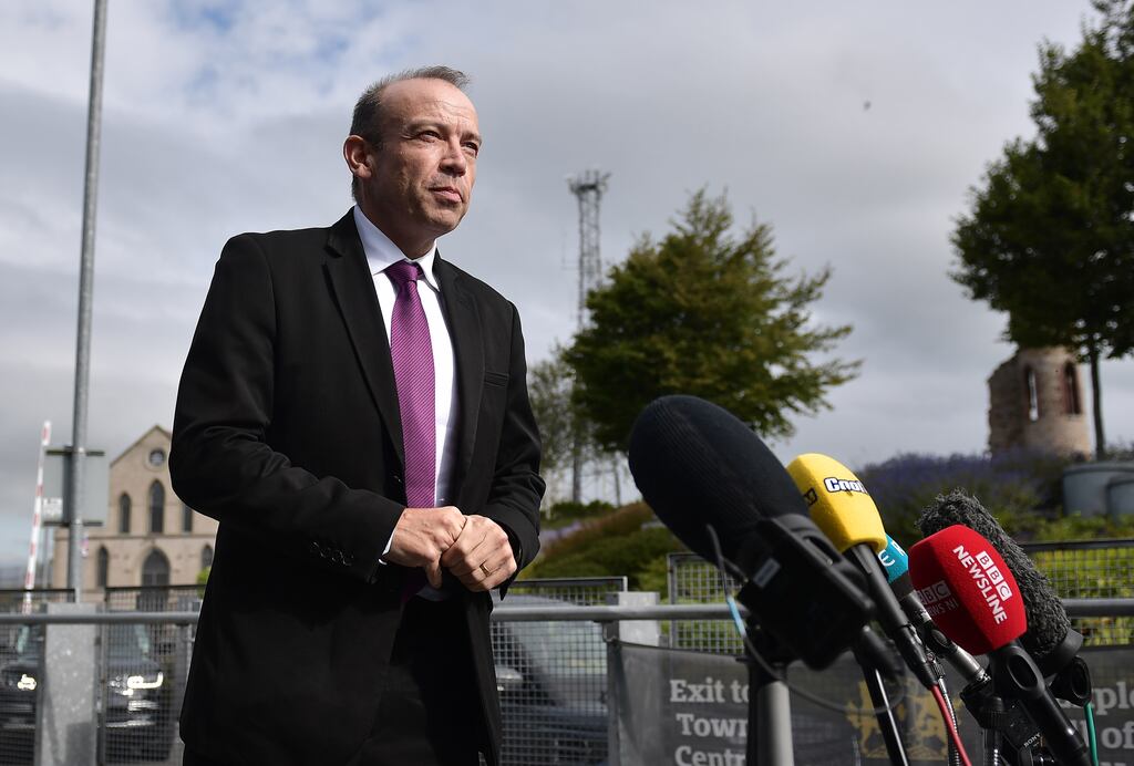 Newly appointed Secretary of State for Northern Ireland Chris Heaton-Harris speaks to the media as he arrives at the Hill of O'Neill Arts Centre to meet Sinn Fein northern leader Michelle O'Neill. Photograph: Charles McQuillan/Getty Images