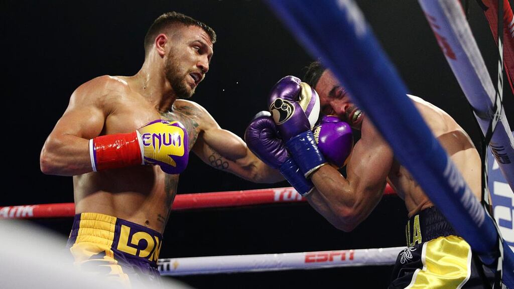 Vasiliy Lomachenko stopped Anthony Crolla in the fourth round in LA. Photograph: Yong Teck Lim/Getty