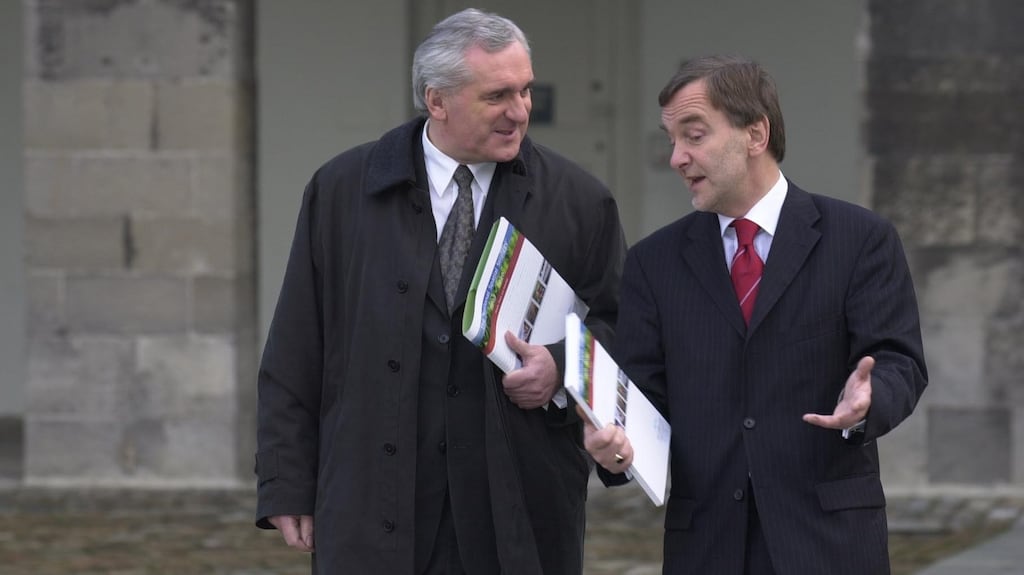 Former taoiseach Bertie Ahern and Martin Cullen, then minister for the environment and local government, at the launch of the National Spatial Strategy in 2002. Photograph: Brenda Fitzsimons