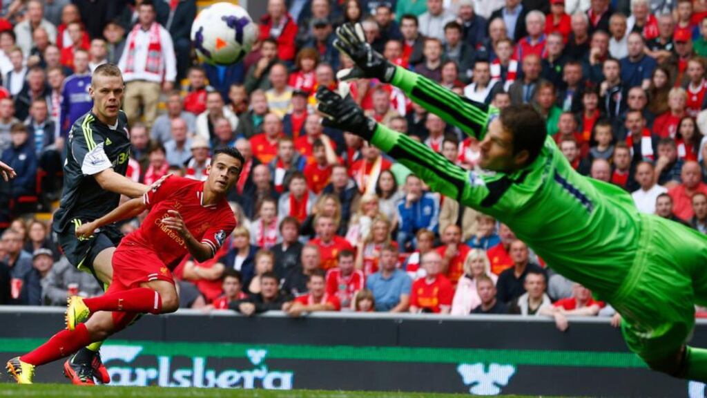 Philippe Coutinho’s (centre) ability to link with Daniel Sturridge has demonstrated the Brazilian’s ingenuity with a pass and the striker’s ability to finish. Photograph: Darren Staples/Reuters