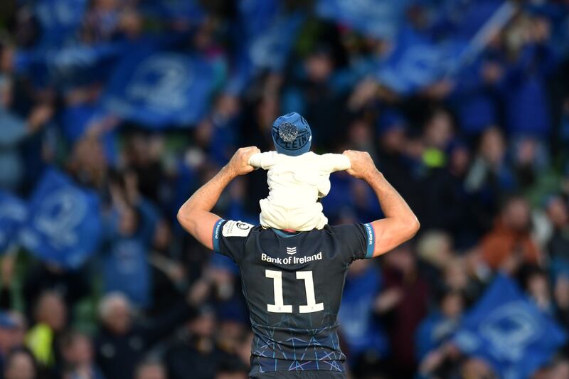 James Lowe celebrates with his son Nico after the quarter-final victory at the Aviva Stadium over La Rochelle in which he scored two tries. Photograph: Charles McQuillan/Getty Images