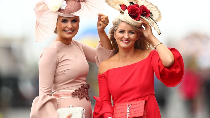 Corinna Hynes from Beltra, Sligo and Tracy McGuinness of Killybegs, Donegal, at the Galway Races. Photograph: James Crombie/Inpho