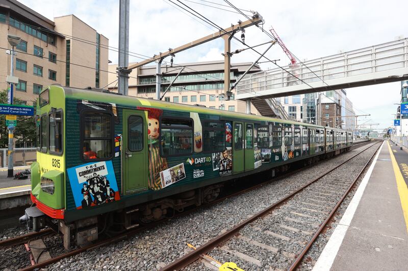 A Dart train with a new livery marking the Dart's 40th anniversary at Grand Canal Dock station. Photograph: Liam McBurney/PA Wire