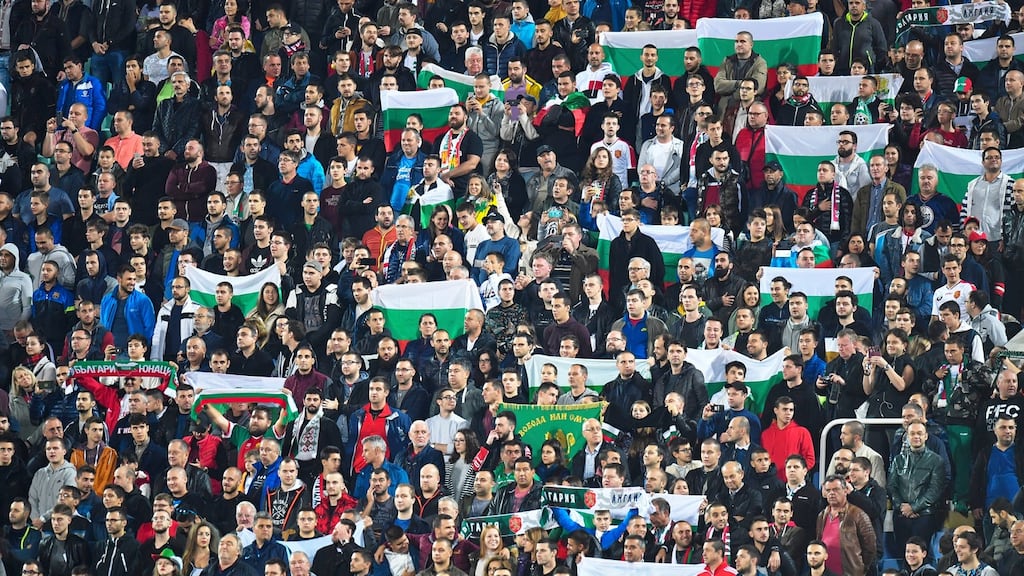 Supporters of Bulgaria at the UEFA Euro 2020 qualifying group A soccer match between Bulgaria and England, in Sofia, on October 14th. The match was twice brought to halt due to racist behaviour of Bulgarian fans. Photograph: Georgi Licovski/EPA